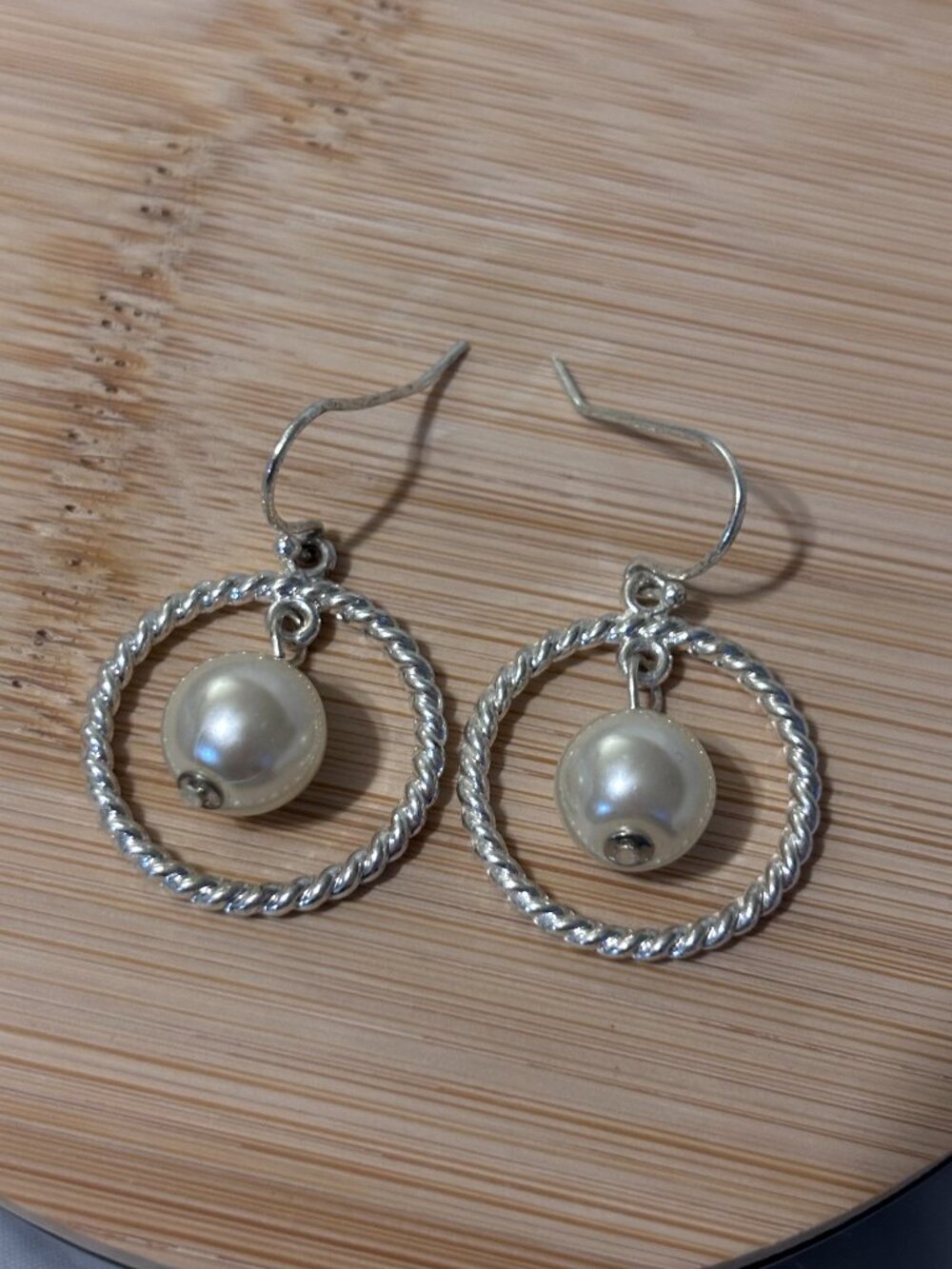 Silver Tone Twisted Hoop Faux Pearl Dangle Earrings – Classic Statement Jewelry